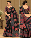 Semi-Ajrak Black Printed Soft Silk Saree with Unstitched Blouse - image 1