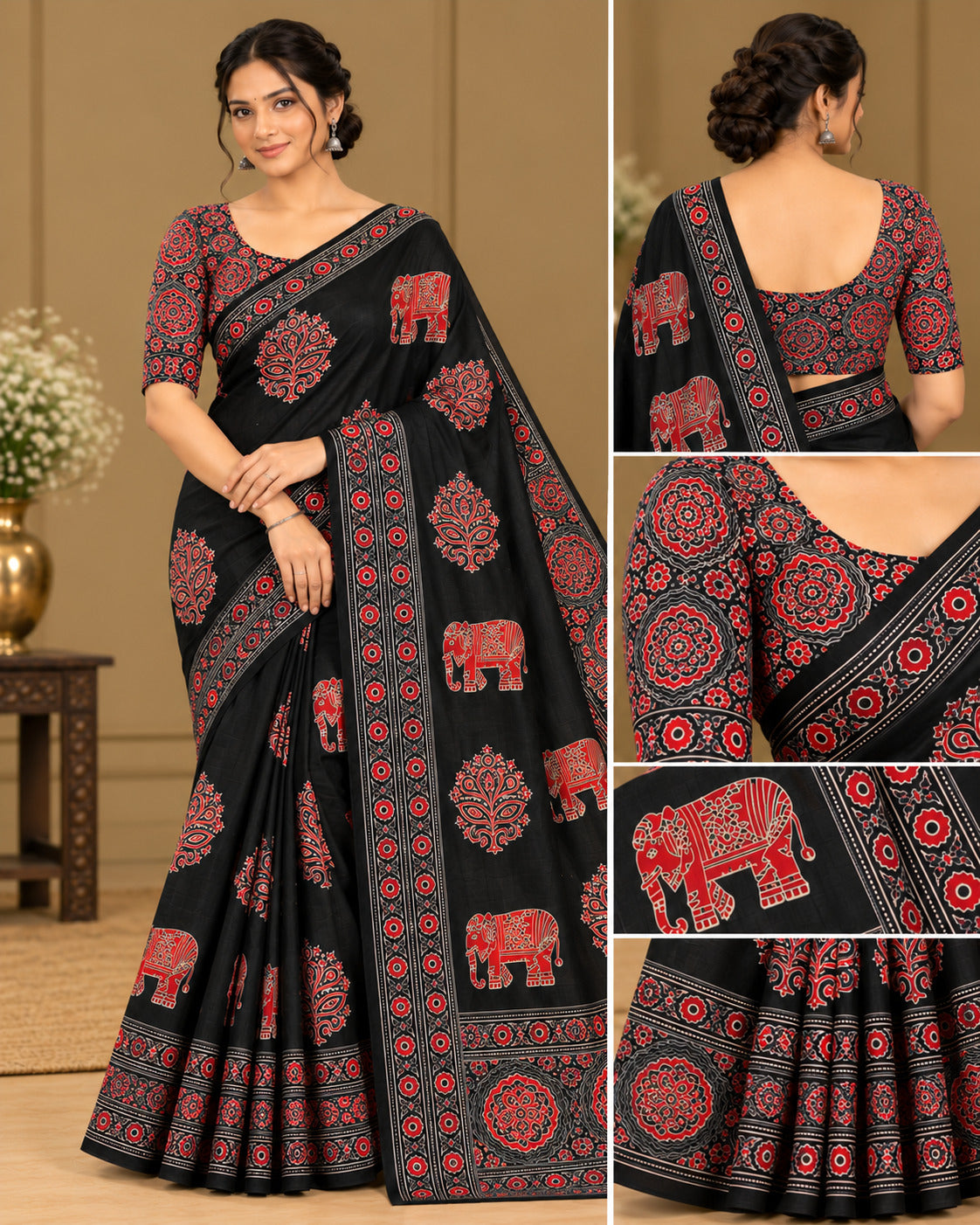 Semi-Ajrak Black Printed Soft Silk Saree with Unstitched Blouse - image 1