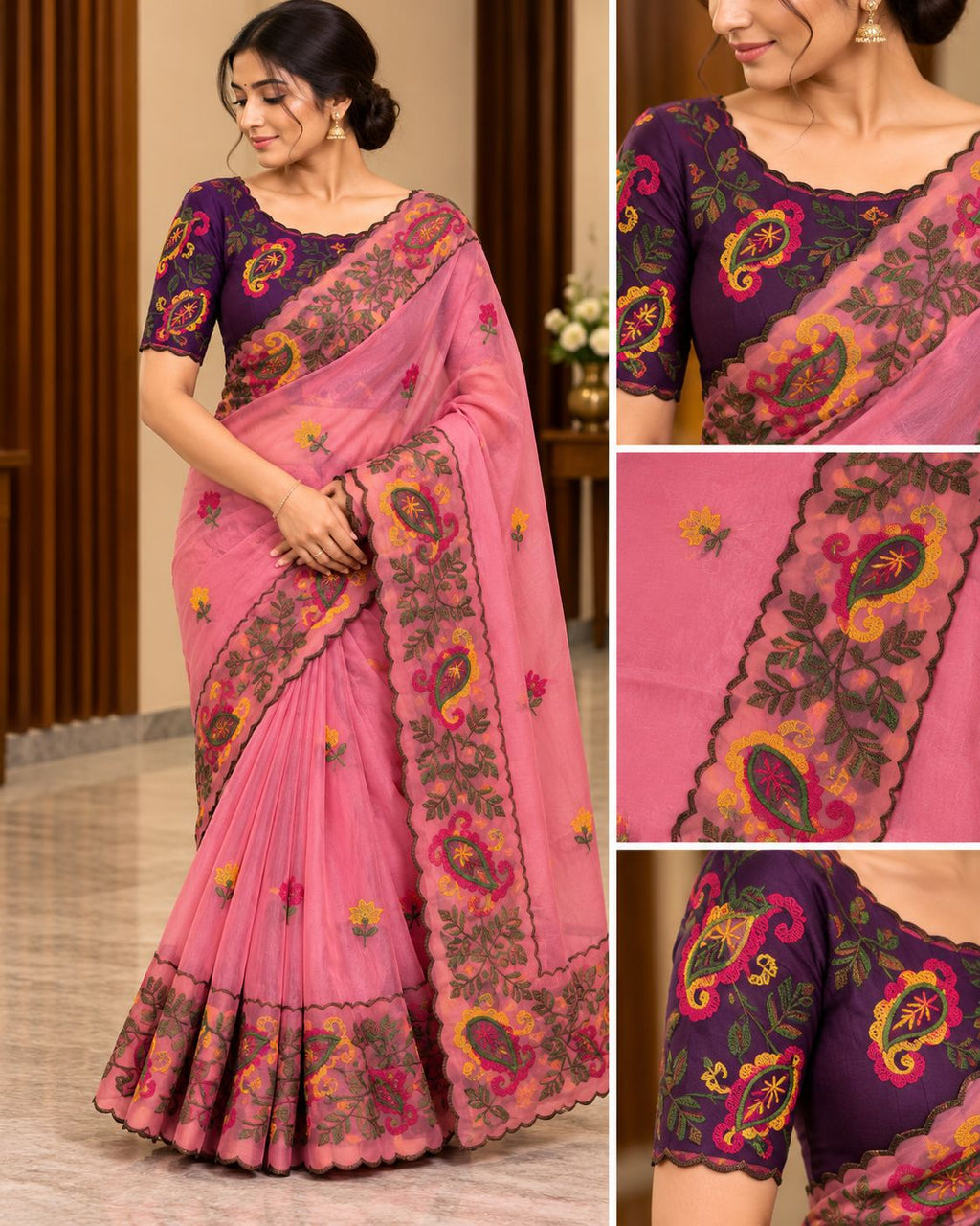 Pink Celebration Blossom Saree with Purple Blouse - image 6