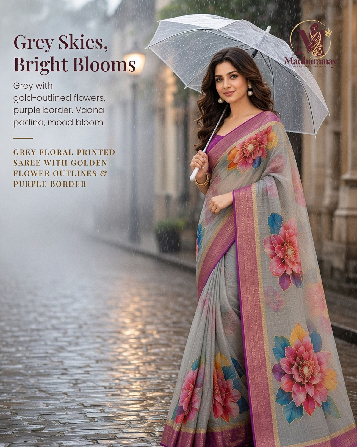 Grey Golden Garden Festive Saree with Purple Border - image 1