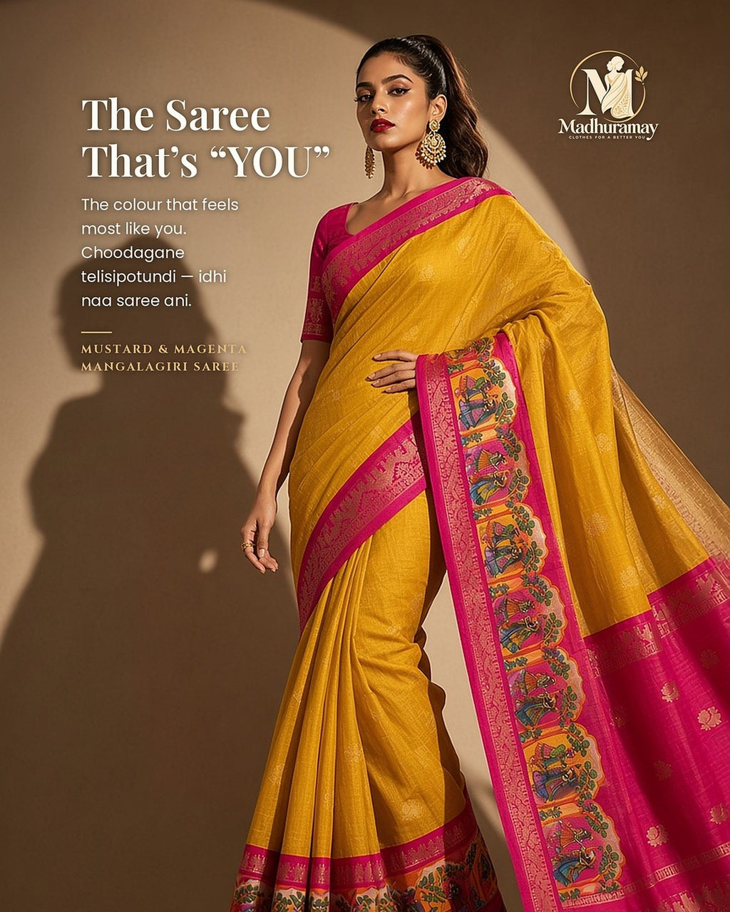 Mustard Yellow & Magenta Folk Art Border Festive Saree - image 1