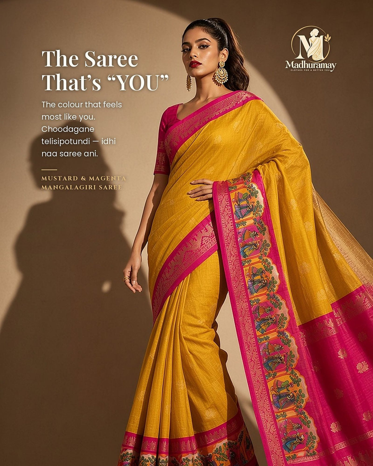 Mustard Yellow & Magenta Folk Art Border Festive Saree - image 1