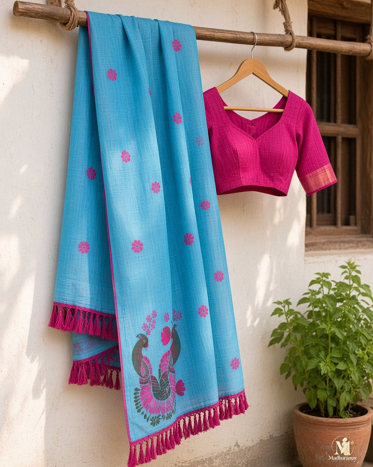 Sky Blue Peacock Print Festive Saree with Magenta Border - image 2