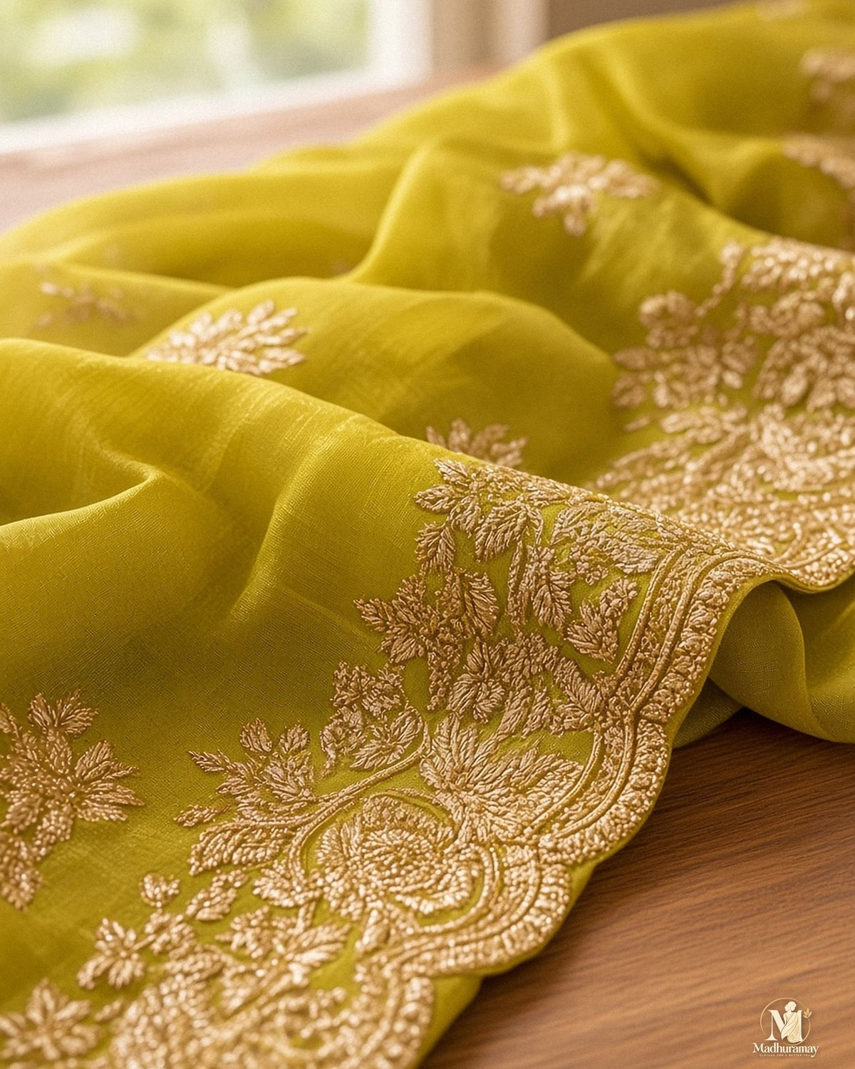 Lime Green Golden Embroidery Party Glam Saree with Purple Blouse - image 4