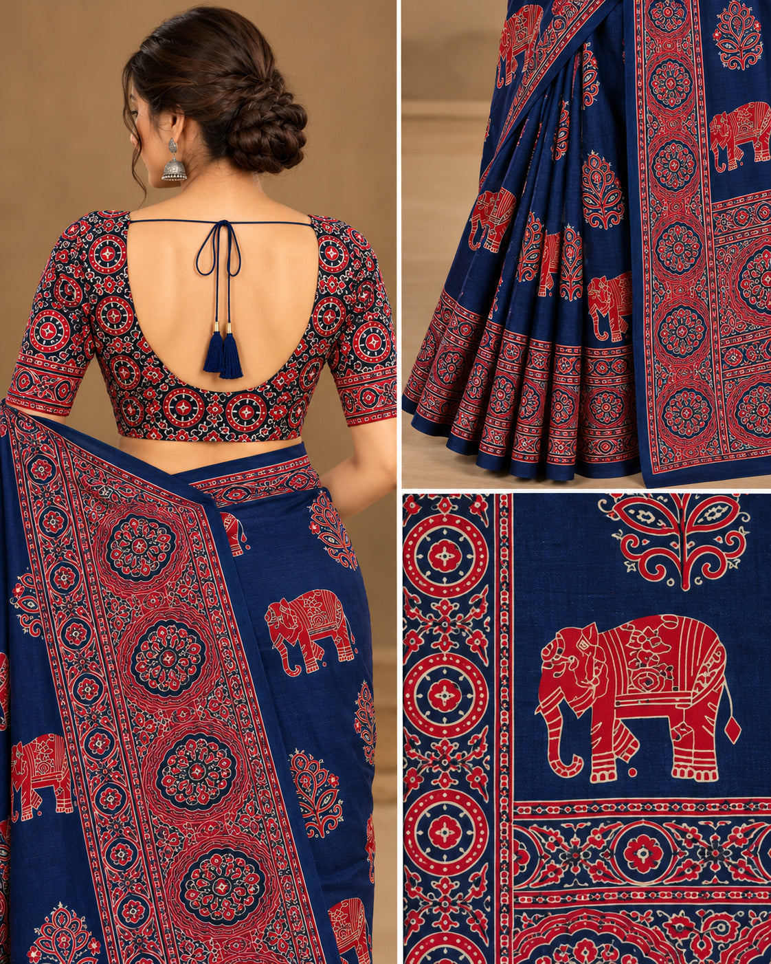 Semi-Ajrak Blue Printed Soft Silk Saree with Unstitched Blouse - image 2