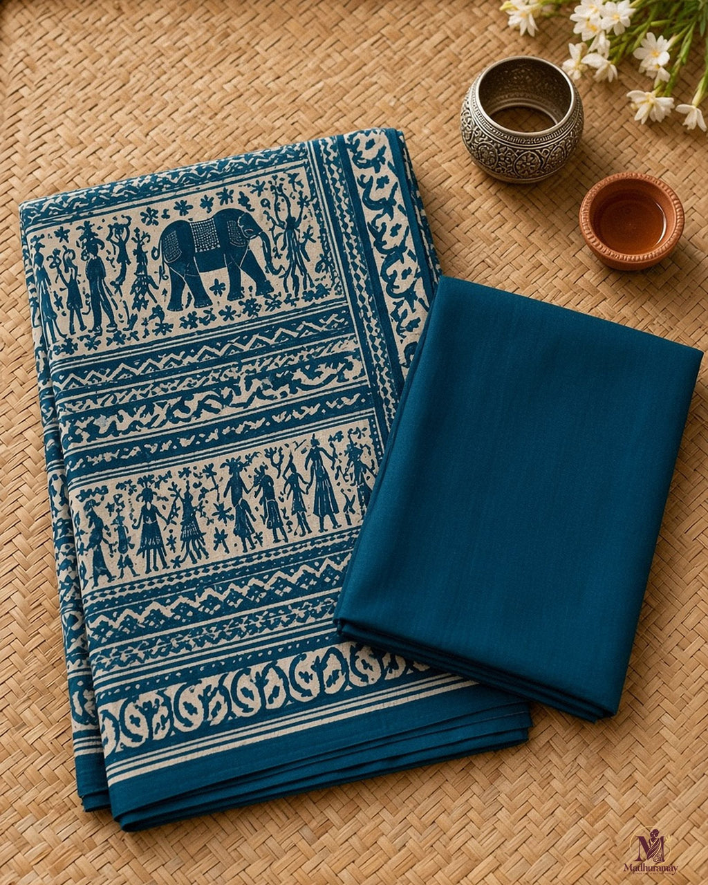 Dark Teal & White Utsav Kalamkari Elephant Saree - image 3