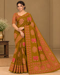 Semi-Ajrak Yellow Printed Soft Silk Saree with Unstitched Blouse - image 1