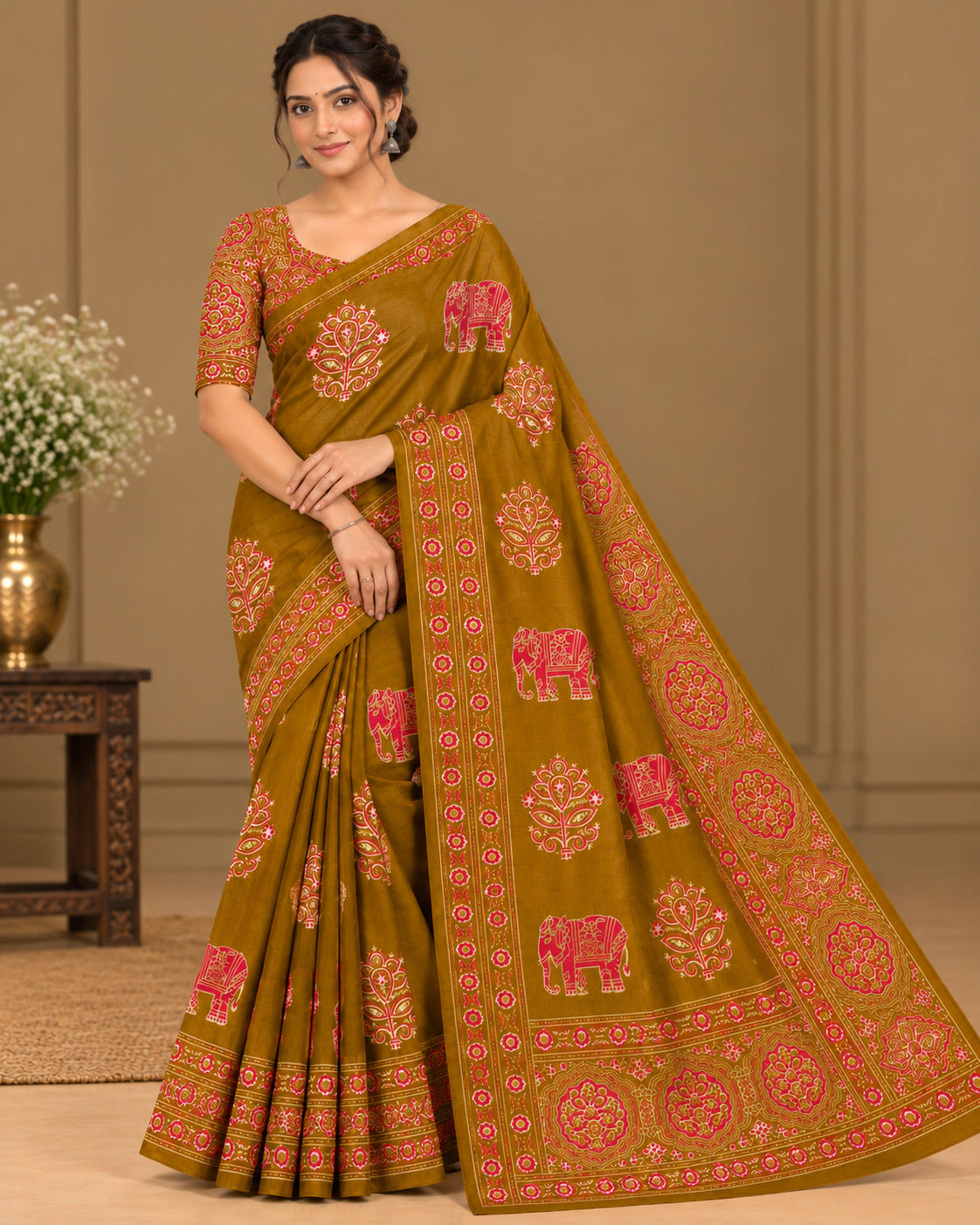 Semi-Ajrak Yellow Printed Soft Silk Saree with Unstitched Blouse - image 1