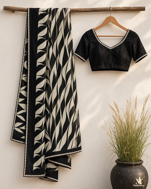Black & Cream Abstract Evening Party Saree with Pearl-Style Border - image 2