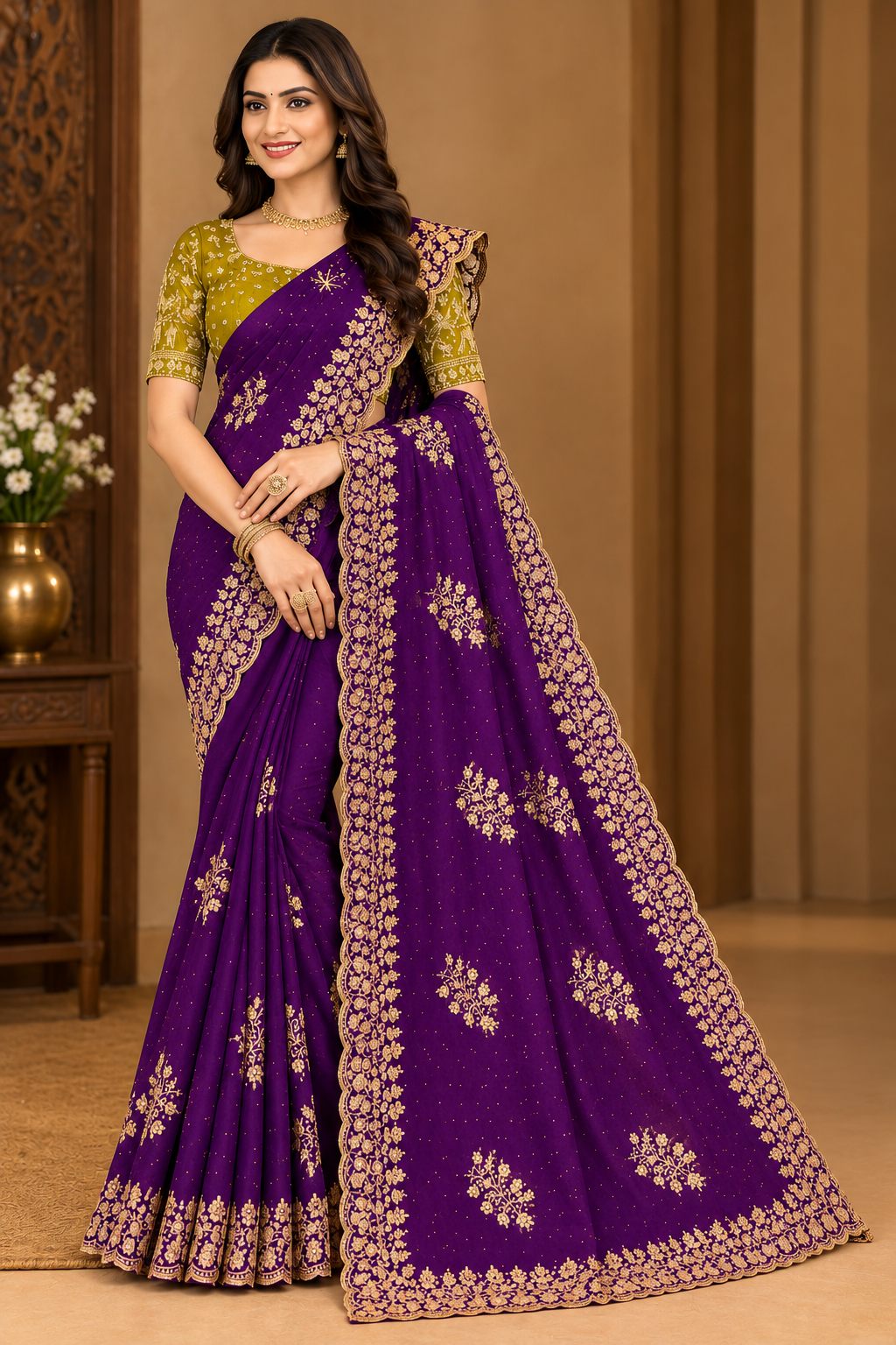 Royal Purple Golden Cutwork Party Glam Saree with Designer Blouse - image 6