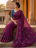 Royal Wine Maroon Floral Bouquet Embroidered Festive Saree with Teal Blouse - image 1