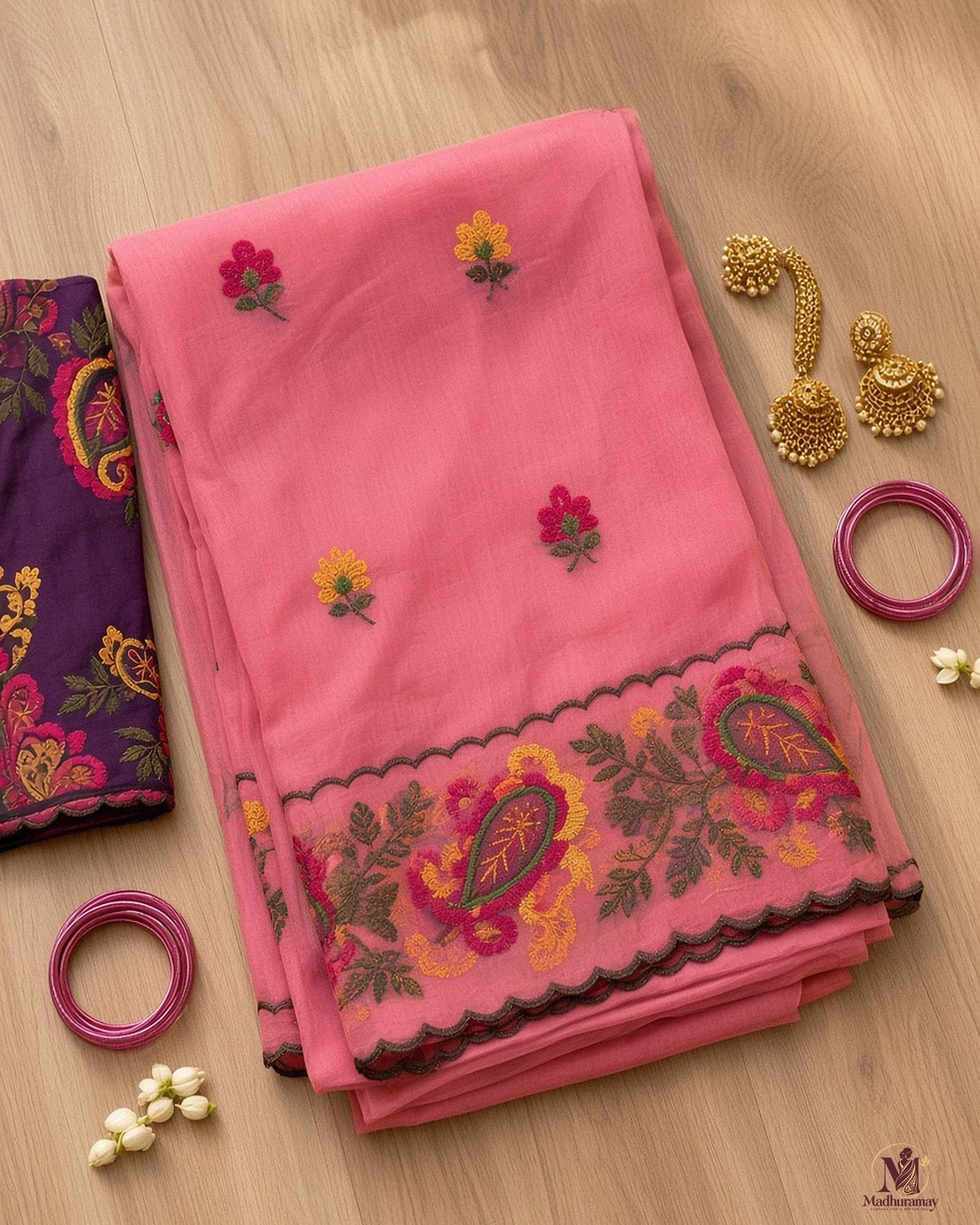 Pink Celebration Blossom Saree with Purple Blouse - image 3