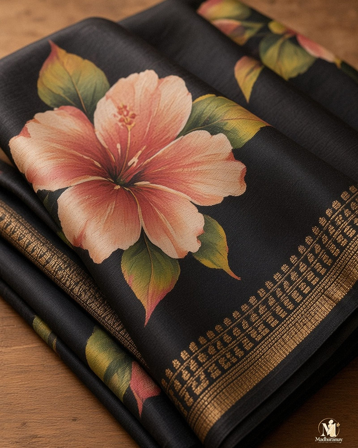 Black Festive Bloom Saree with Zari Border - image 4