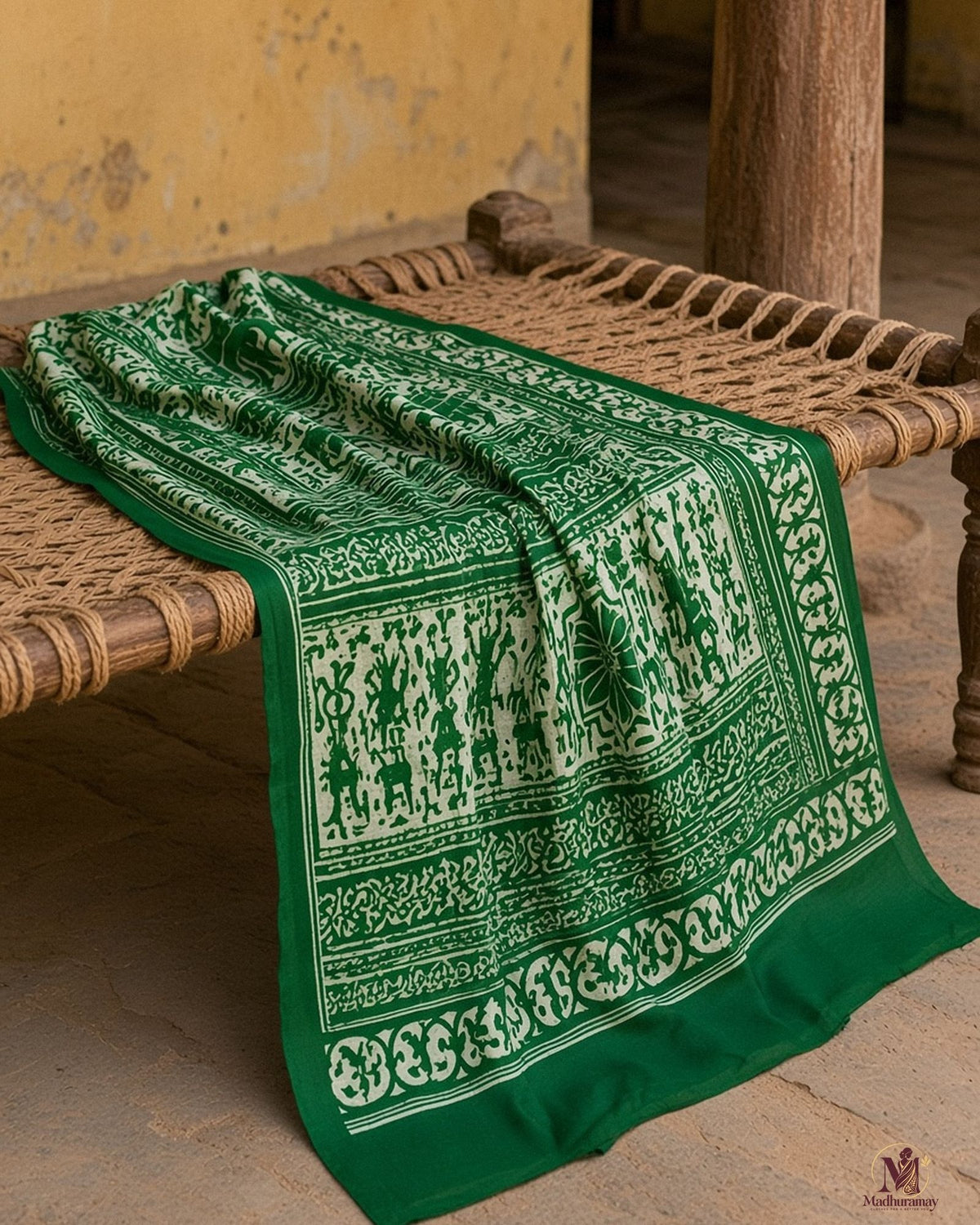 Light Green & White Utsav Kalamkari Elephant Saree - image 5