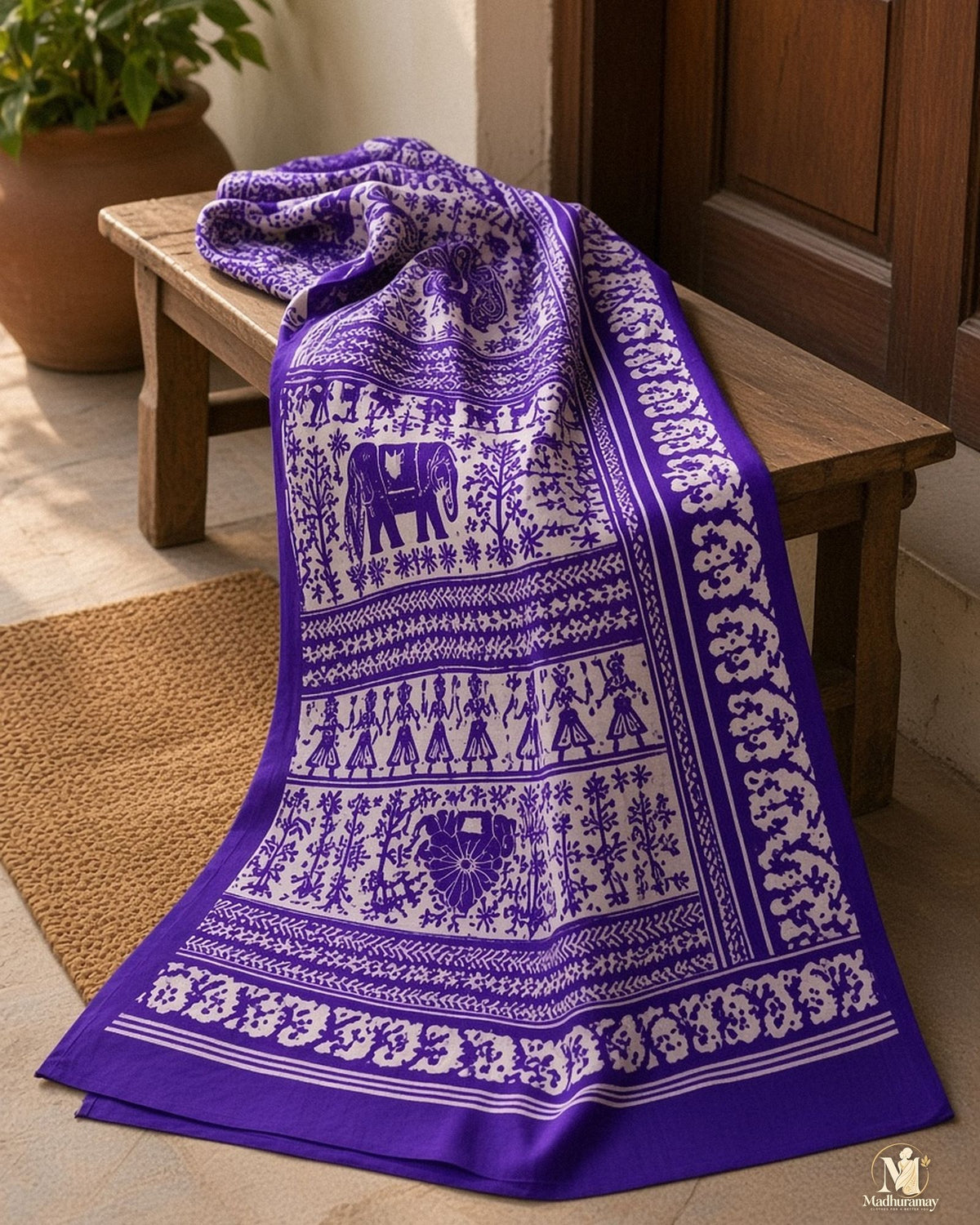 Purple & White Utsav Kalamkari Elephant Saree - image 5