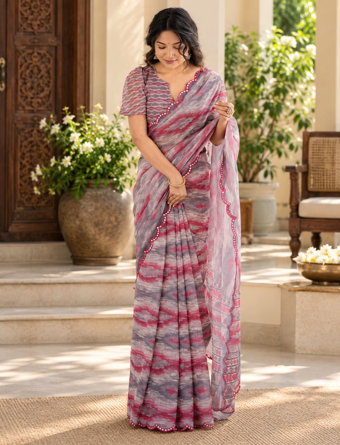Grey Mauve Abstract Festive Saree with Mirror-Work Border - image 3