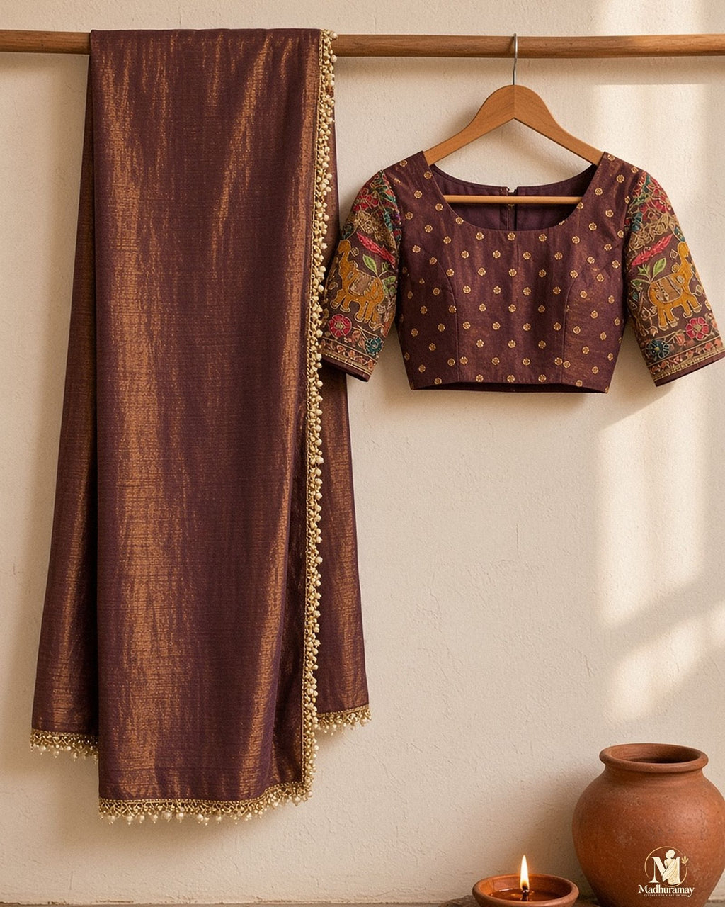 Regal Purple-Brown Antique Gold Party Glam Saree - image 2