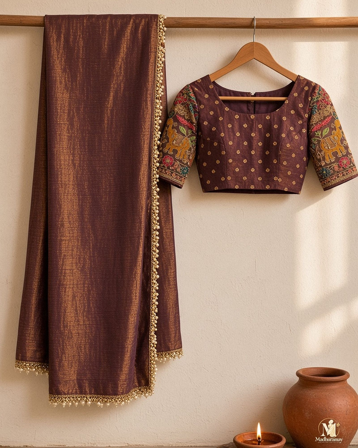 Regal Purple-Brown Antique Gold Party Glam Saree - image 2