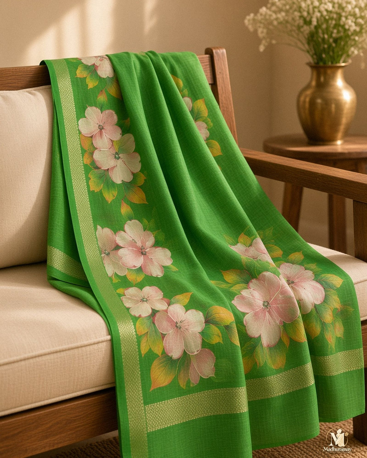 Green Festive Bloom Saree with Zari Border - image 5