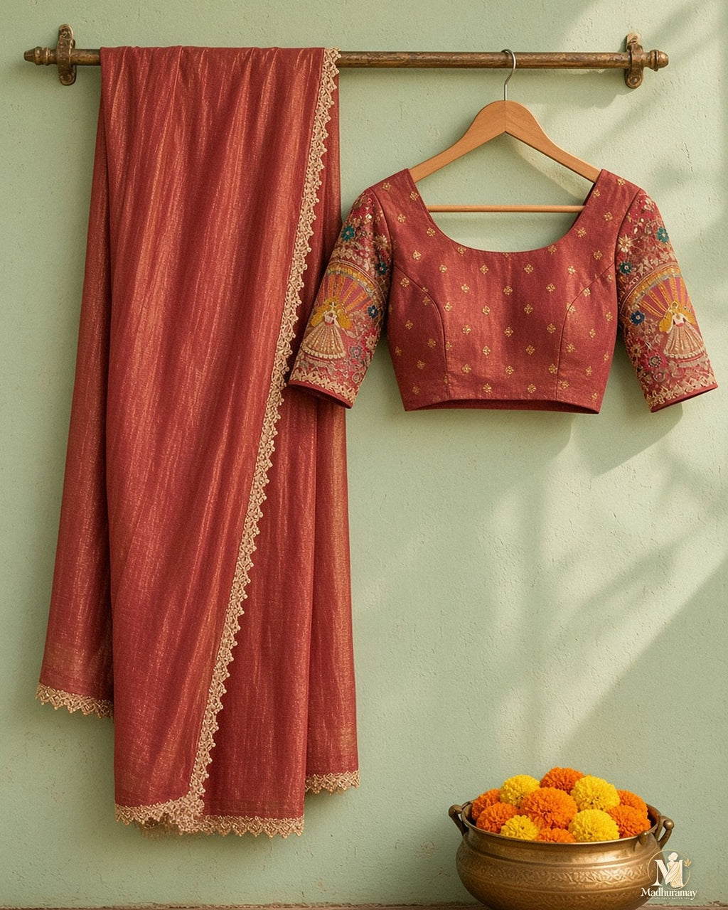 Rose Rust Golden Woven Party Glam Saree - image 2