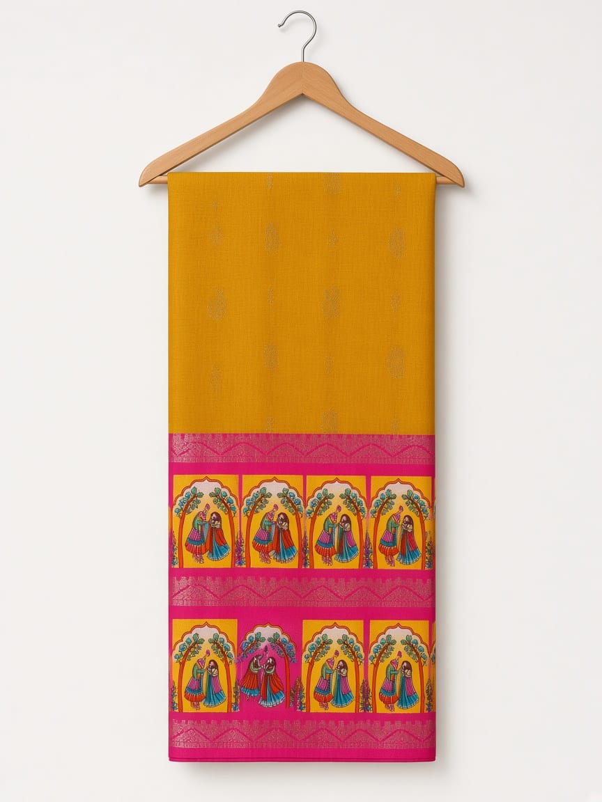 Mustard Yellow & Magenta Folk Art Border Festive Saree - image 4
