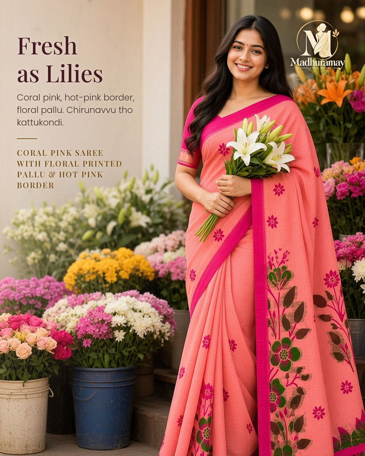 Coral Pink Floral Pallu Festive Saree - image 1