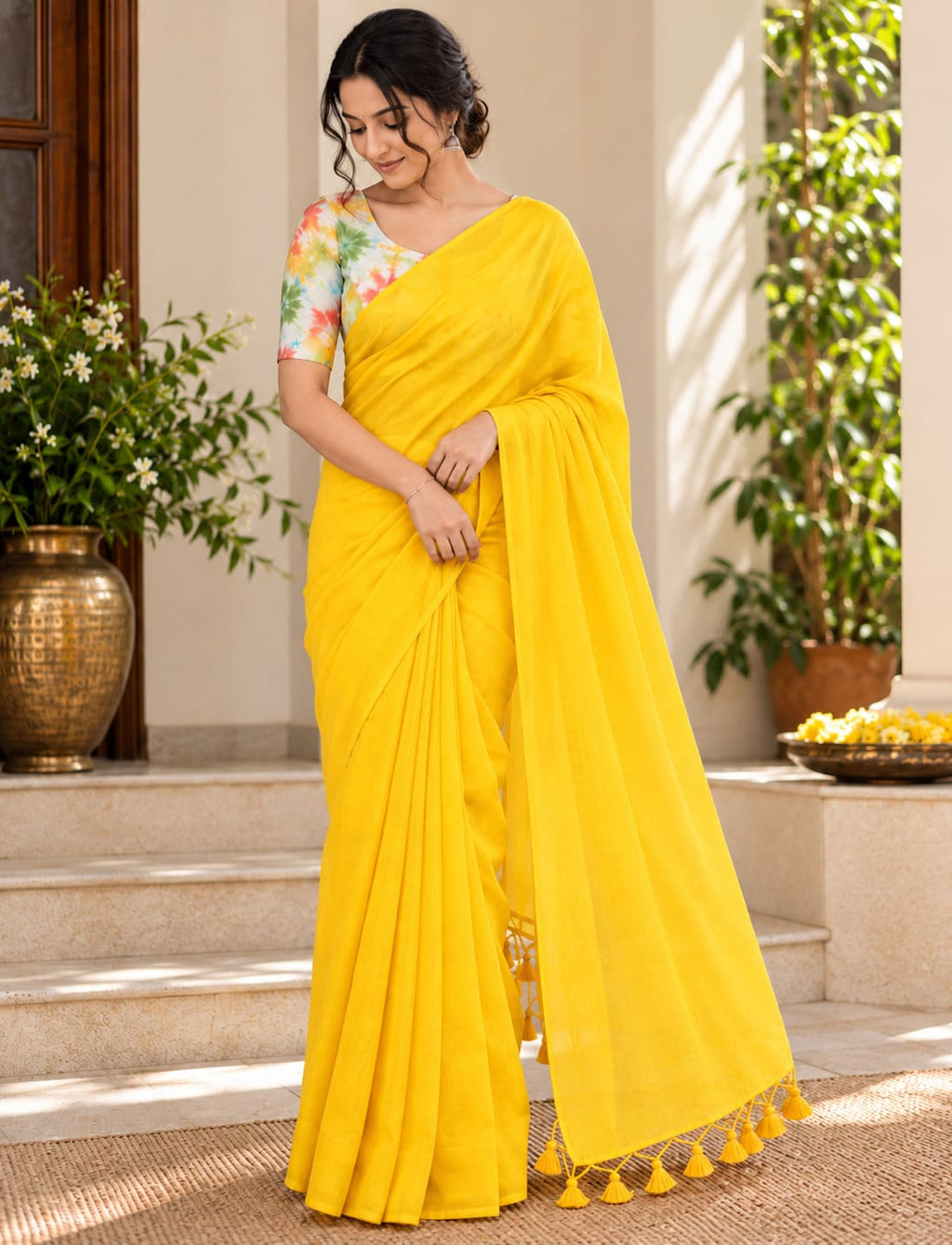 Bright Yellow Tassel Pallu Festive Saree with Floral Blouse - image 6