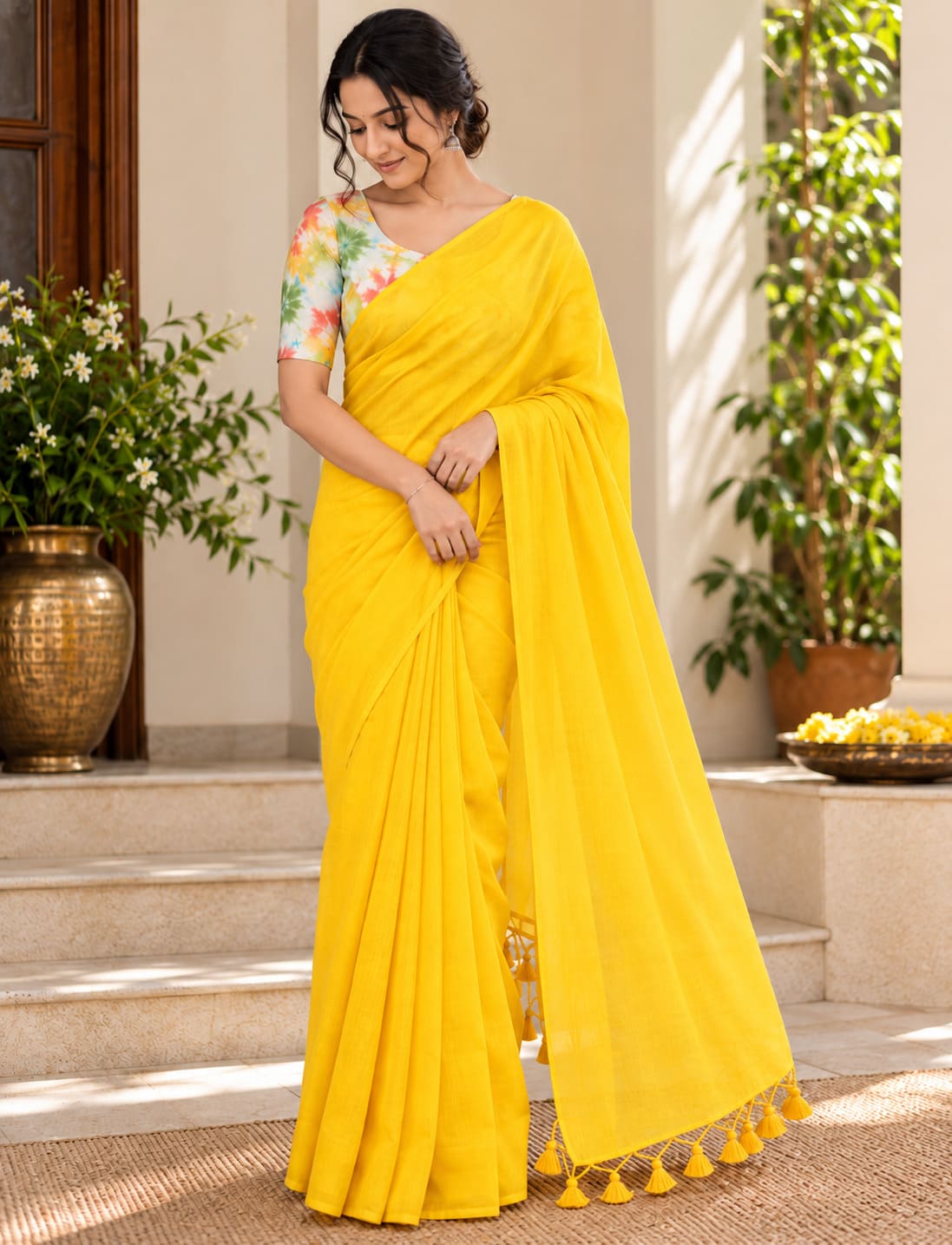 Bright Yellow Tassel Pallu Festive Saree with Floral Blouse - image 6