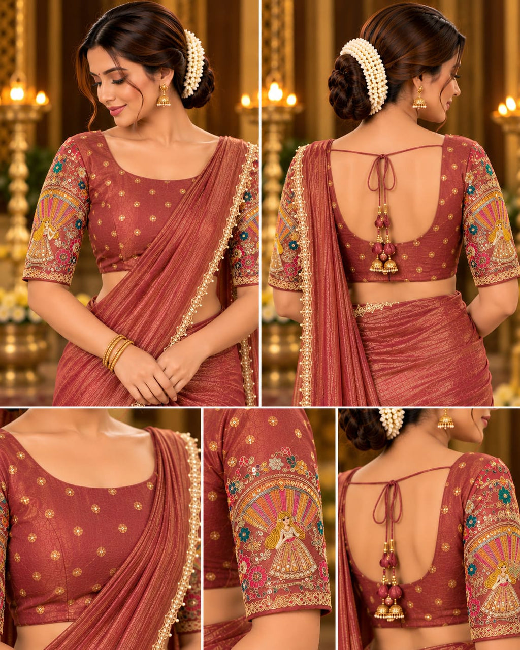 Rose Rust Golden Woven Party Glam Saree - image 5