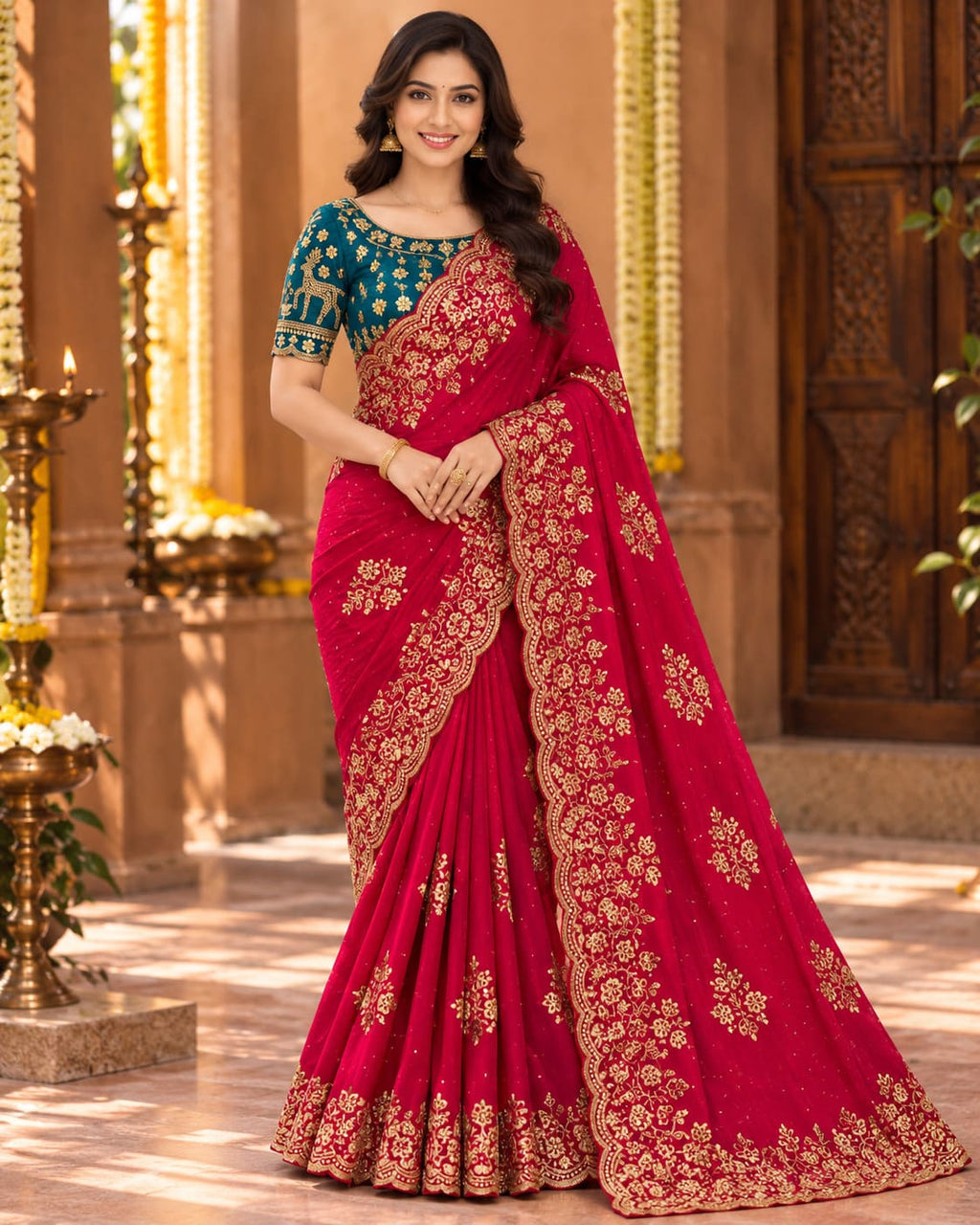 Crimson Red Cutwork Party Glam Saree with Designer Blouse - image 6