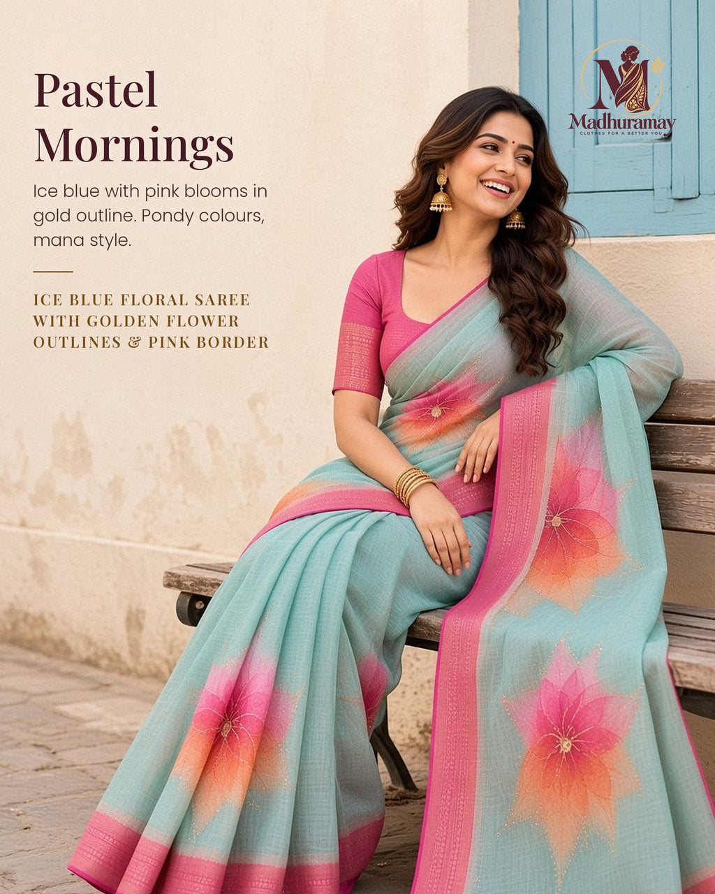 Ice Blue Golden Garden Festive Saree with Pink Border - image 1