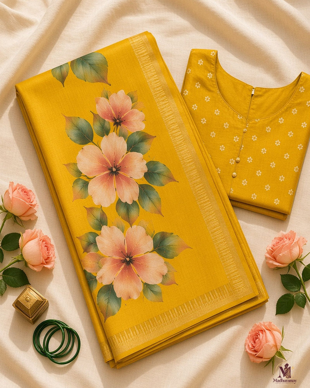 Sunshine Yellow Festive Bloom Saree with Zari Border - image 3
