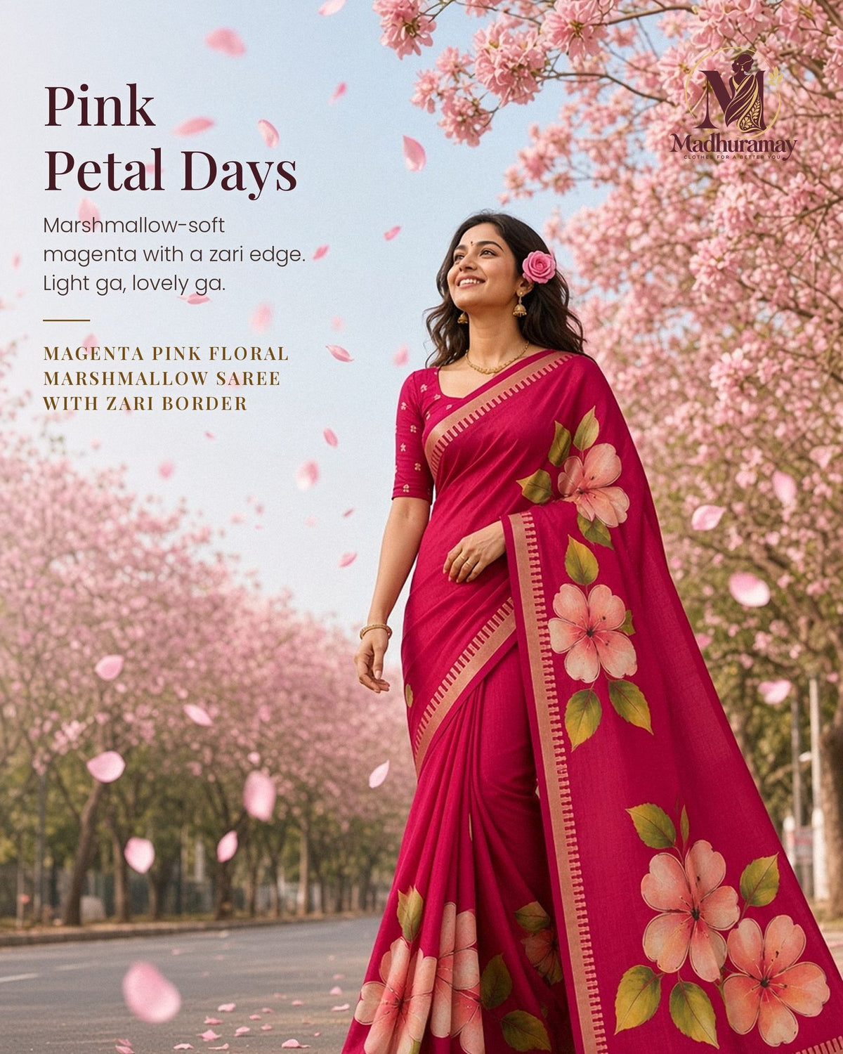 Magenta Pink Festive Bloom Saree with Zari Border - image 1
