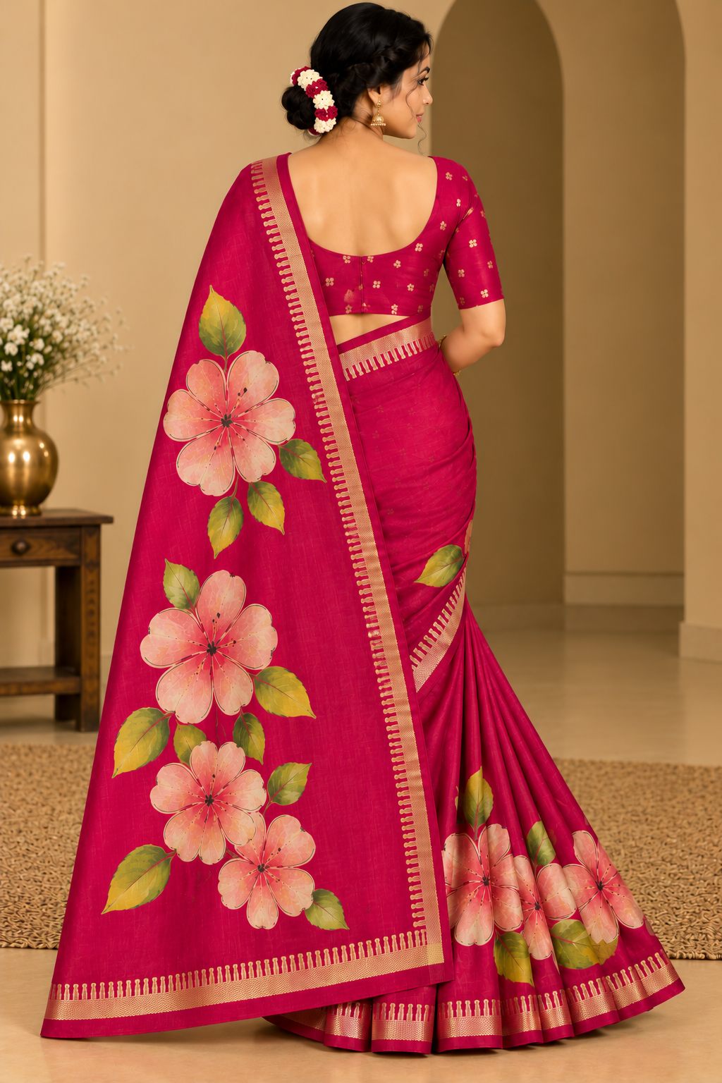 Magenta Pink Festive Bloom Saree with Zari Border - image 7