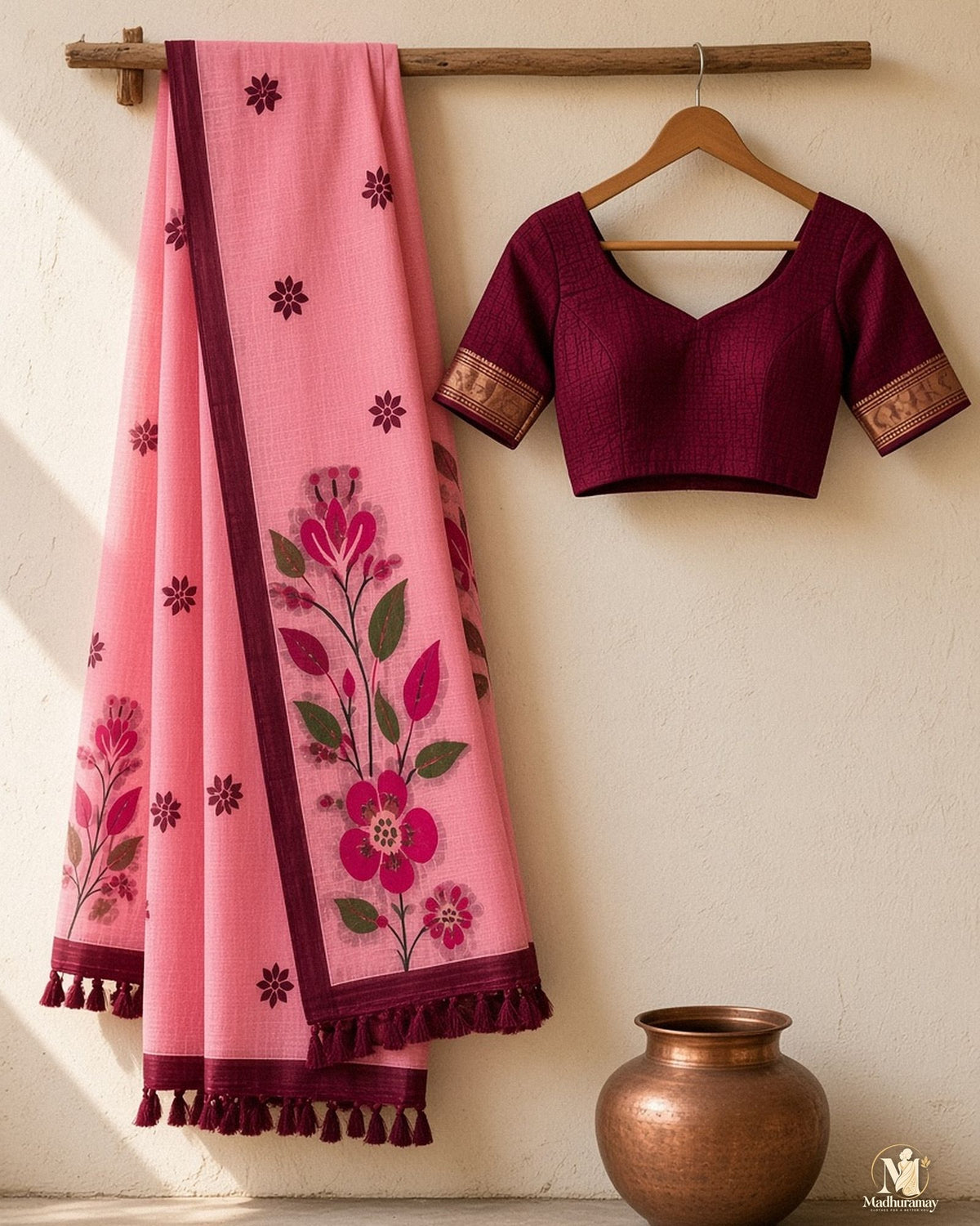Rose Pink Botanical Pallu Festive Saree - image 2