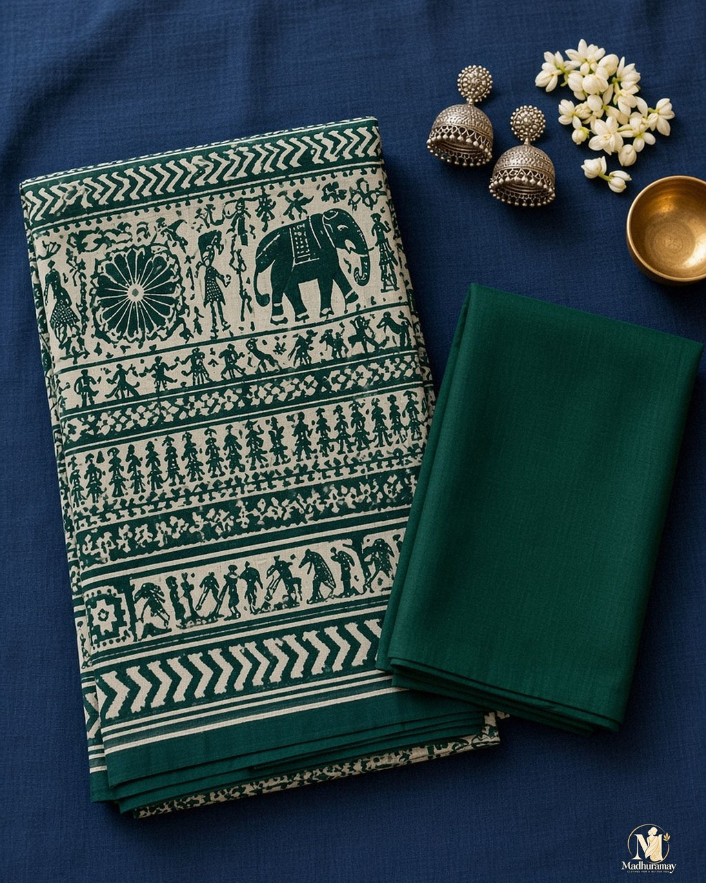 Dark Green & White Utsav Kalamkari Elephant Saree - image 3