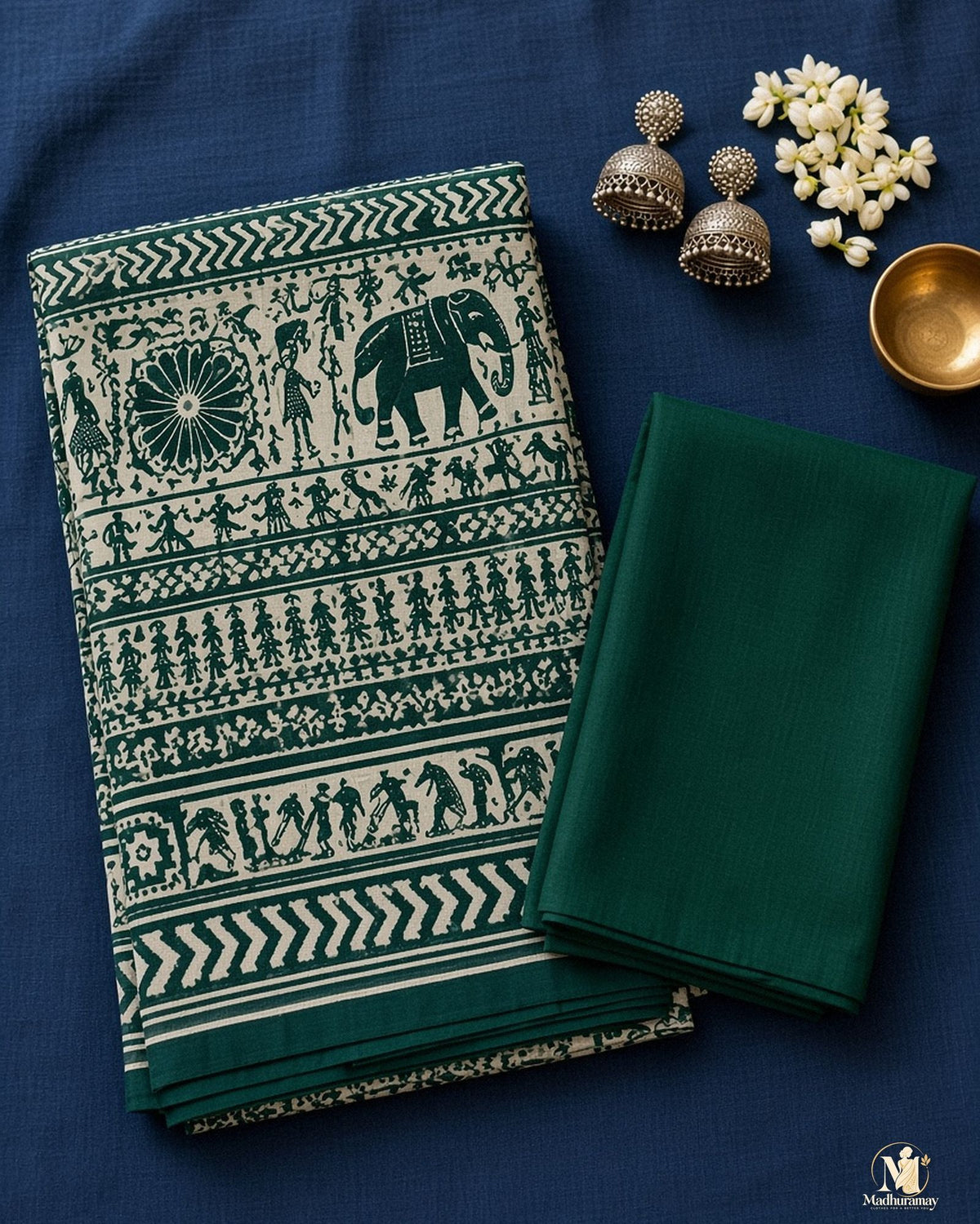 Dark Green & White Utsav Kalamkari Elephant Saree - image 3