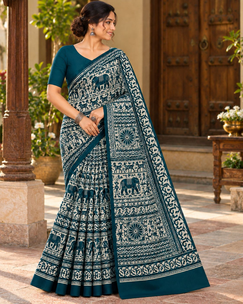 Dark Teal & White Utsav Kalamkari Elephant Saree - image 6
