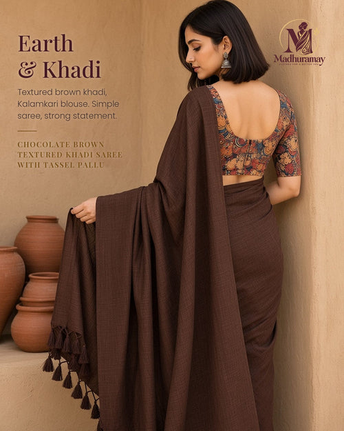Chocolate Brown Tassel Pallu Festive Saree with Printed Blouse - image 1