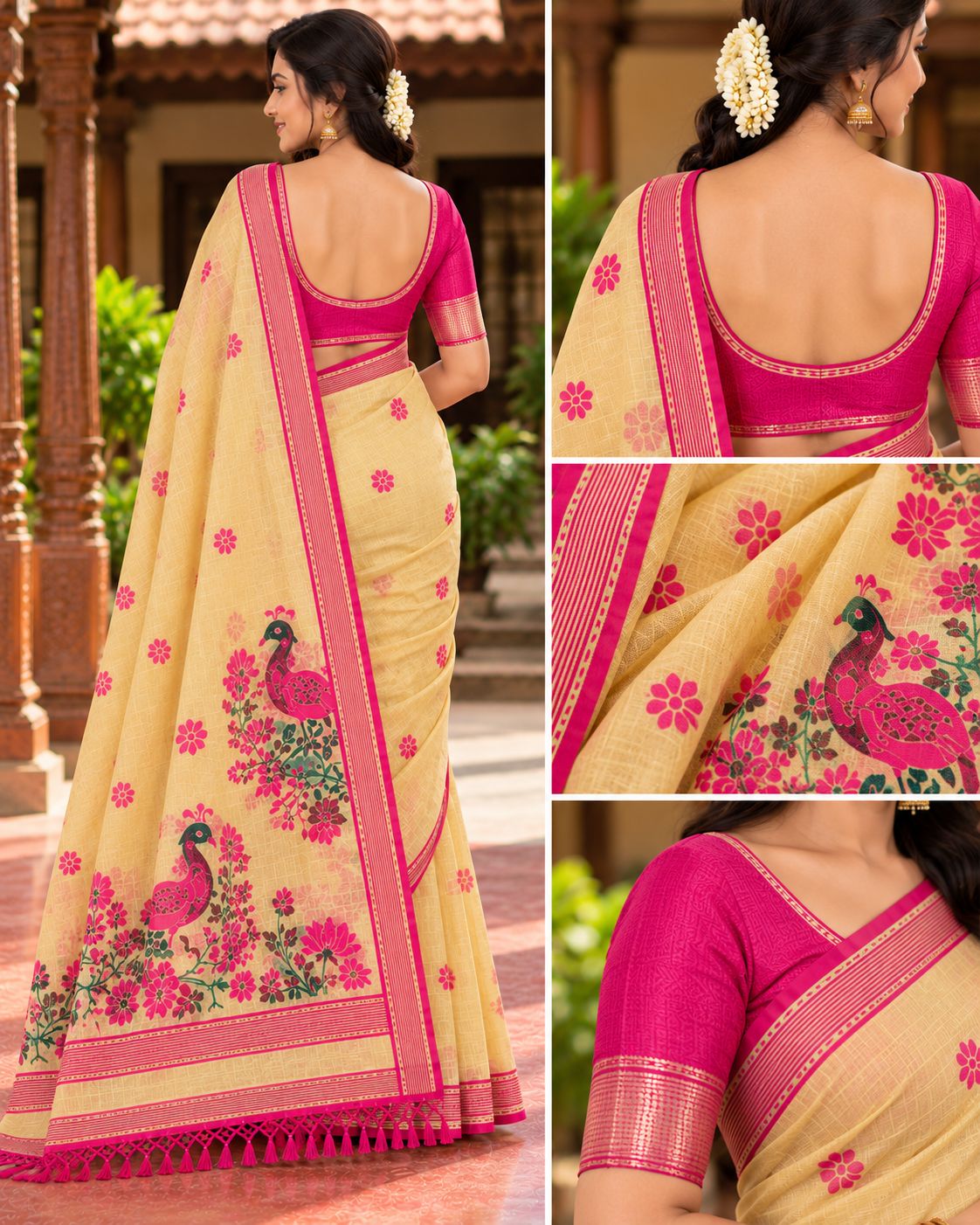 Pale Yellow Peacock Print Festive Saree with Magenta Border - image 7