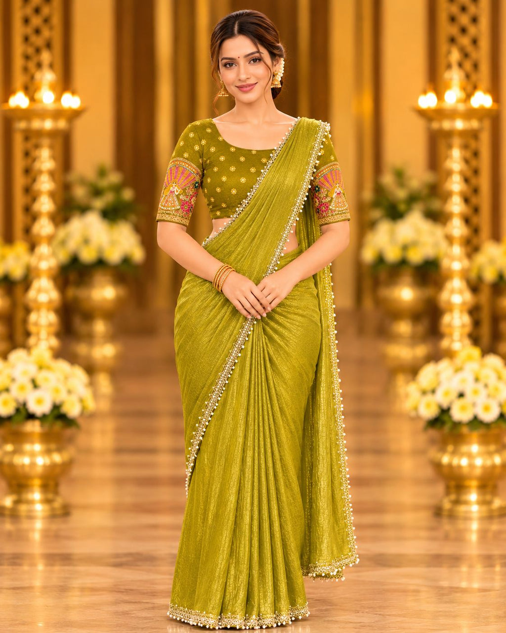Olive Green Golden Border Party Glam Saree with Embroidered Blouse - image 1