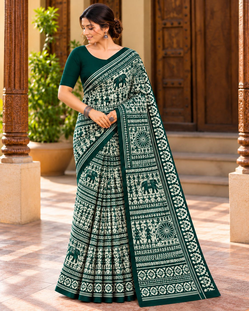 Dark Green & White Utsav Kalamkari Elephant Saree - image 6