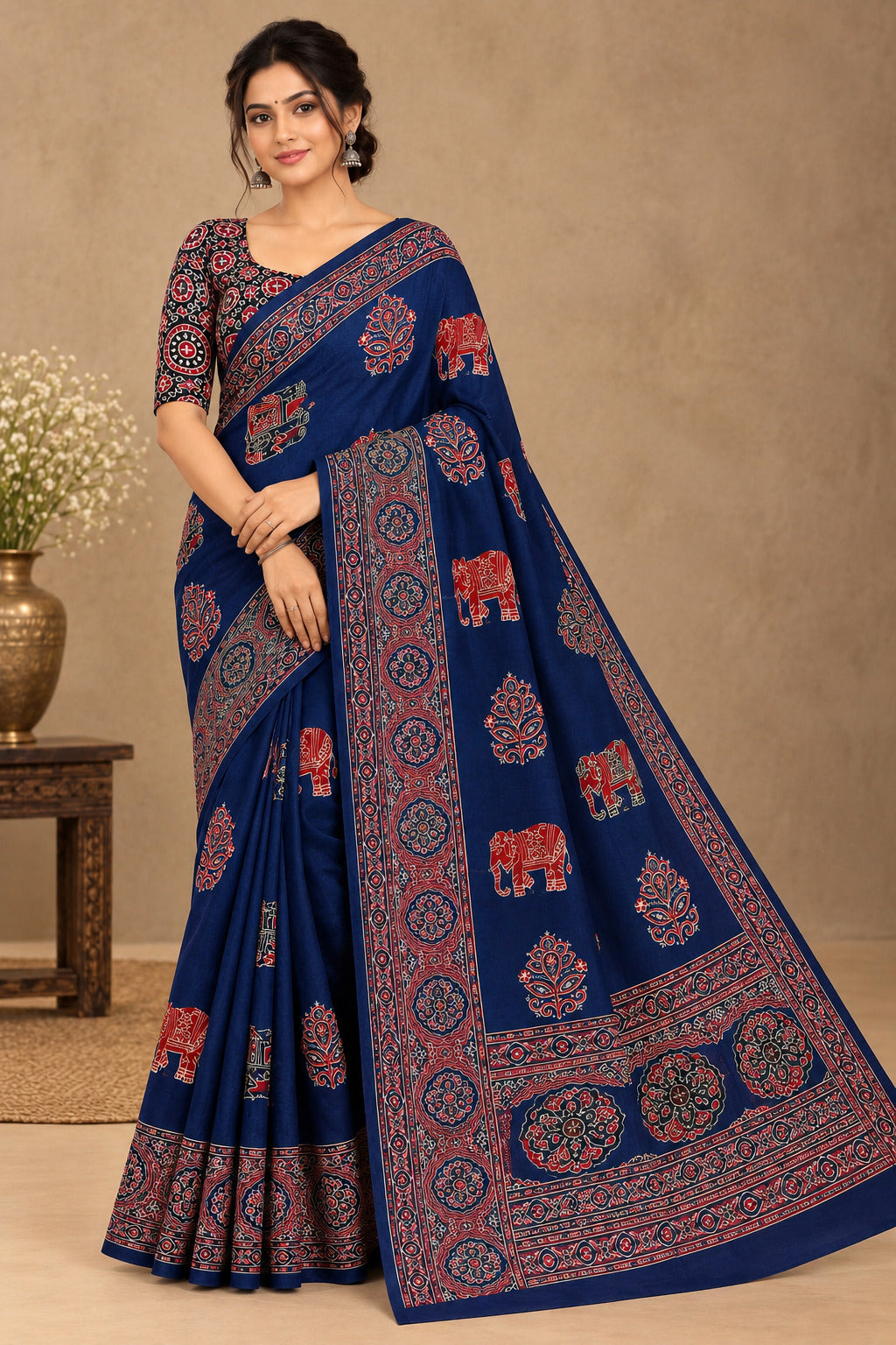 Semi-Ajrak Blue Printed Soft Silk Saree with Unstitched Blouse - image 1
