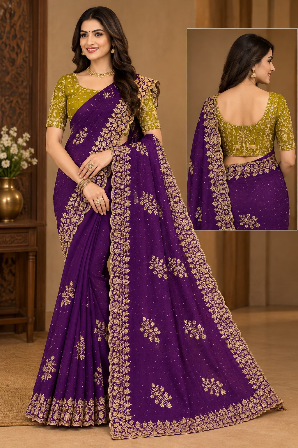 Royal Purple Golden Cutwork Party Glam Saree with Designer Blouse - image 7