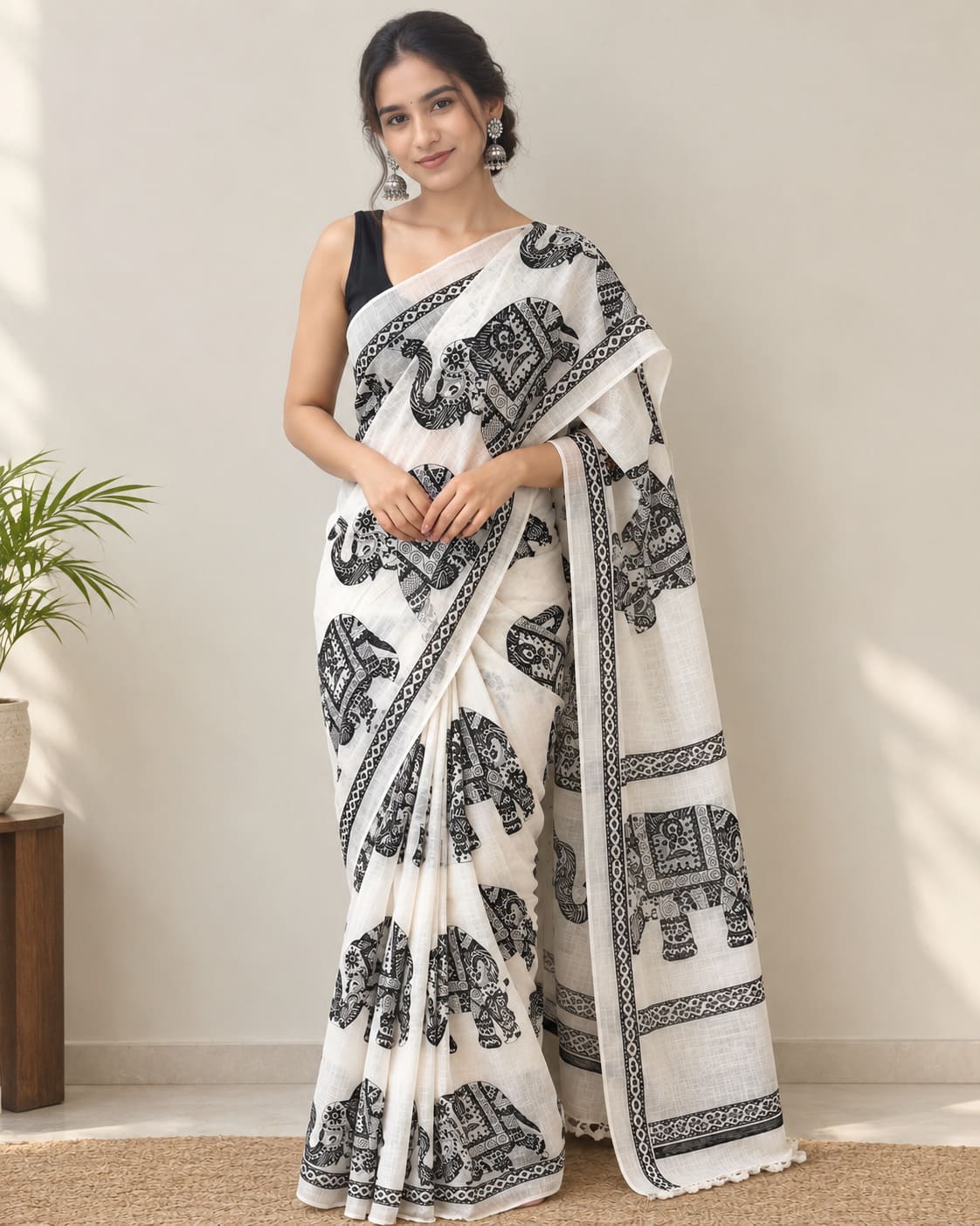 White & Black Elephant Motif Festive Saree - image 6