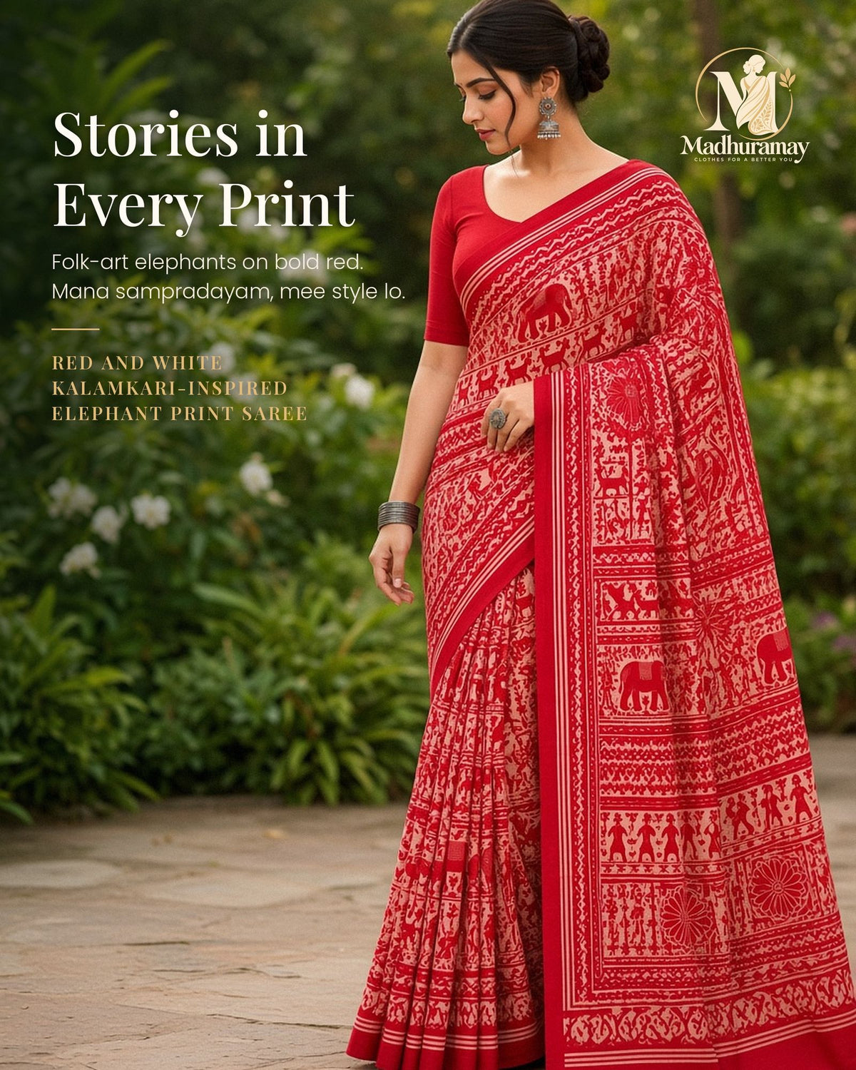 Red & White Utsav Kalamkari Elephant Saree - image 1