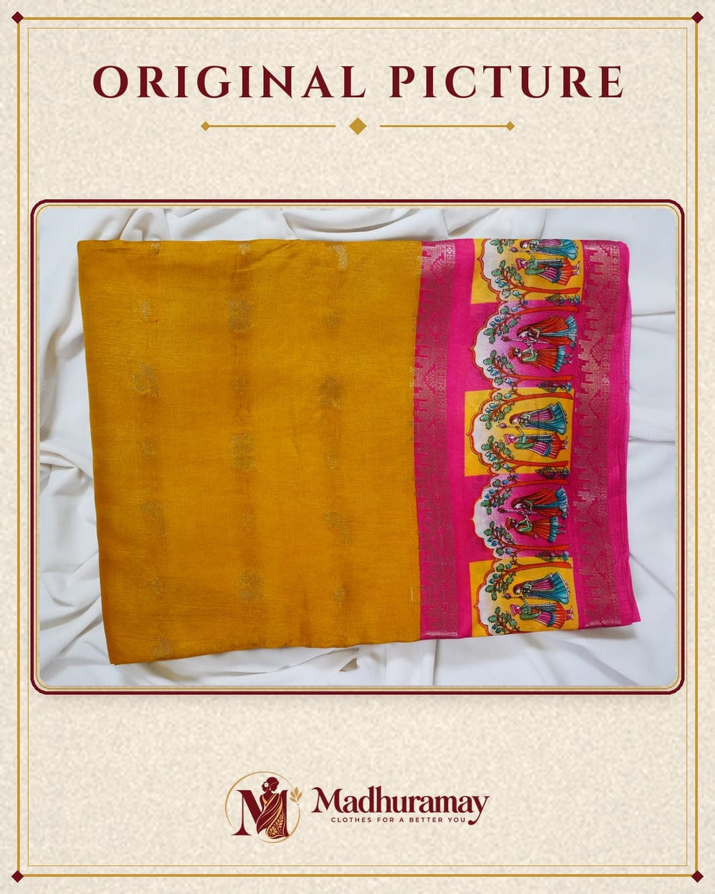 Mustard Yellow & Magenta Folk Art Border Festive Saree - image 3