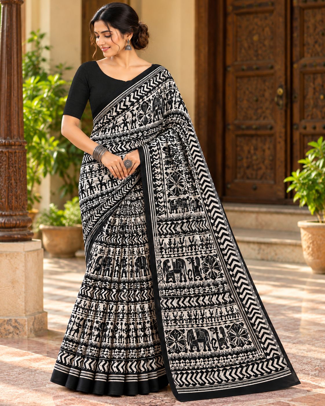 Black & White Utsav Kalamkari Elephant Saree - image 6
