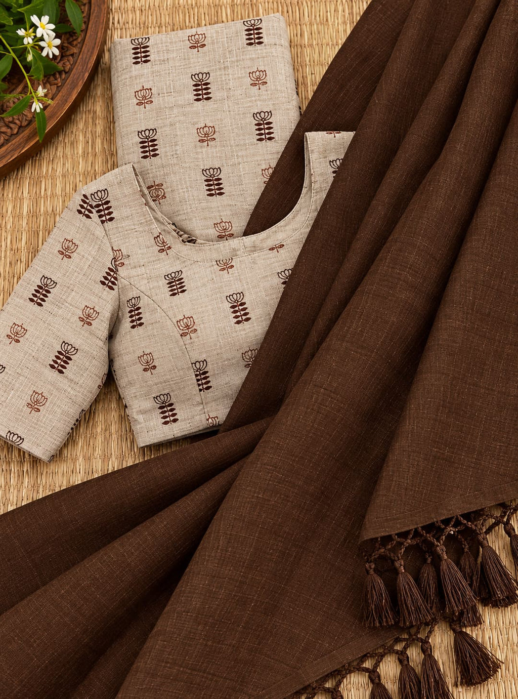 Earthy Brown Tassel Pallu Festive Saree with Beige Printed Blouse - image 7